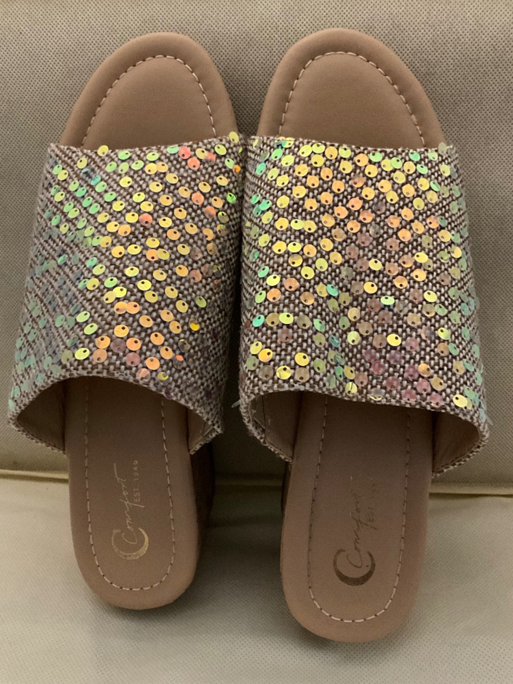 C Comfort Est. 1946 Iridescent Sequin Sparkle Slip-On Wedge Sandals